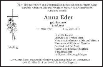 Todesanzeige von Anna Eder von merkurtz
