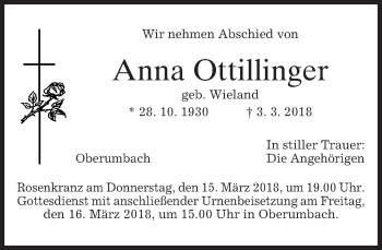 Todesanzeige von Anna Ottillinger von merkurtz