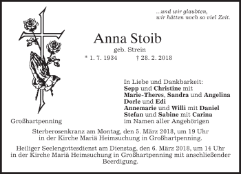 Todesanzeige von Anna Stoib von merkurtz