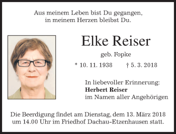 Todesanzeige von Elke Reiser von merkurtz