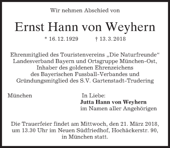Todesanzeige von Ernst Hann von Weyhern von merkurtz