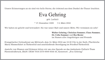 Todesanzeige von Eva Gehring von merkurtz