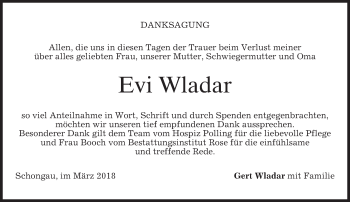 Todesanzeige von Evi Wladar von merkurtz