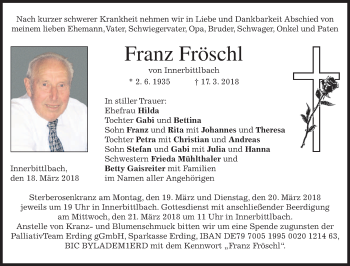 Todesanzeige von Franz Fröschl von merkurtz