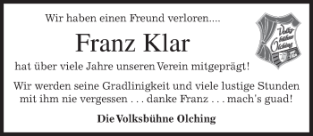 Todesanzeige von Franz Klar von merkurtz
