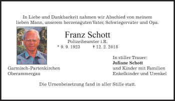 Todesanzeige von Franz Schott von merkurtz