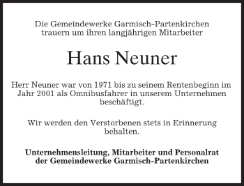 Todesanzeige von Hans Neuner von merkurtz