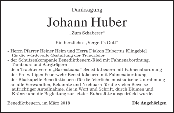 Todesanzeige von Johann Huber von merkurtz