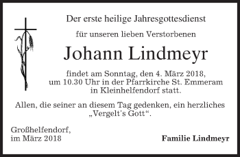 Todesanzeige von Johann Lindmeyr von merkurtz