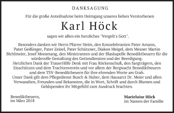 Todesanzeige von Karl Höck von merkurtz