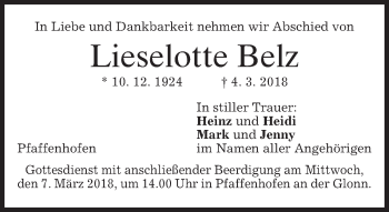 Todesanzeige von Lieselotte Belz von merkurtz