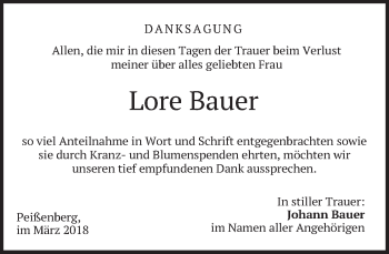 Todesanzeige von Lore Bauer von merkurtz