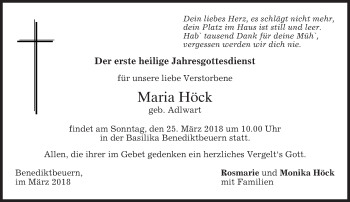 Todesanzeige von Maria Höck von merkurtz