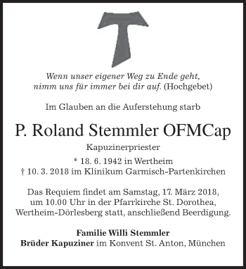 Todesanzeige von Roland Stemmler von merkurtz