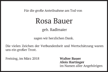 Todesanzeige von Rosa Bauer von merkurtz
