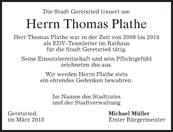 Todesanzeige von Thomas Plathe von merkurtz
