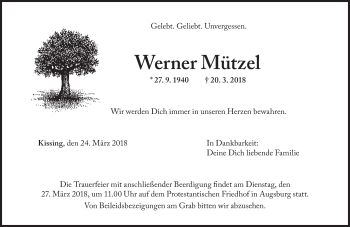 Todesanzeige von Werner Mützel von merkurtz