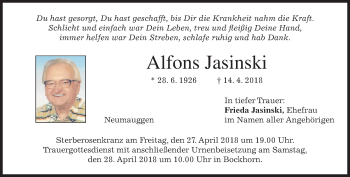 Todesanzeige von Alfons Jasinski von merkurtz