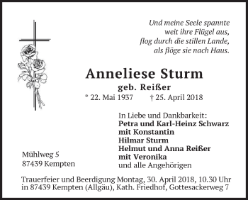 Todesanzeige von Anneliese Sturm von merkurtz