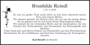 Todesanzeige von Brunhilde Reindl von merkurtz