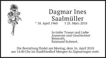 Todesanzeige von Dagmar Ines Saalmüller von merkurtz