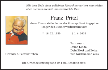 Todesanzeige von Franz Pritzl von merkurtz