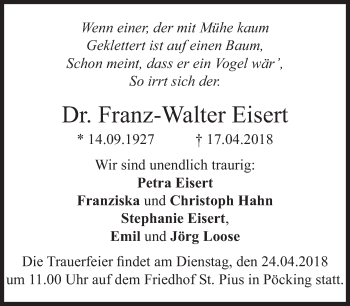 Todesanzeige von Franz-Walter Eisert von merkurtz