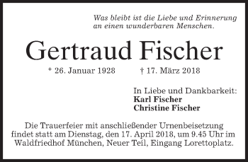 Todesanzeige von Gertraud Fischer von merkurtz