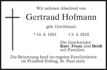 Todesanzeige von Gertraud Hofmann von merkurtz