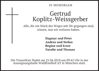 Todesanzeige von Gertrud Koplitz-Weissgerber von merkurtz
