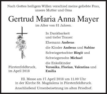 Todesanzeige von Gertrud Maria Anna Mayer von merkurtz