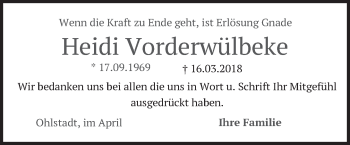 Todesanzeige von Heidi Vorderwülbeke von merkurtz
