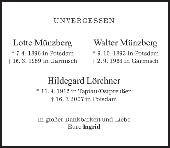 Todesanzeige von Hildegard Lörchner von merkurtz