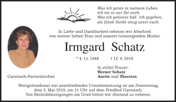 Todesanzeige von Irmgard Schatz von merkurtz