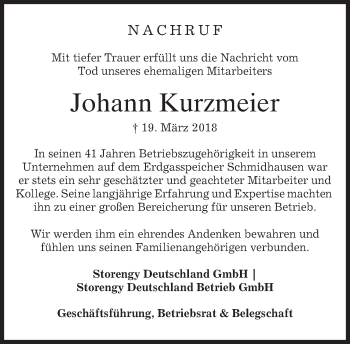 Todesanzeige von Johann Kurzmeier von merkurtz