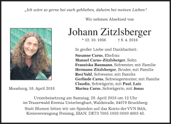 Todesanzeige von Johann Zitzlsberger von merkurtz