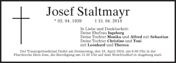Todesanzeige von Josef Staltmayr von merkurtz