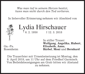 Todesanzeige von Lydia Hirschauer von merkurtz