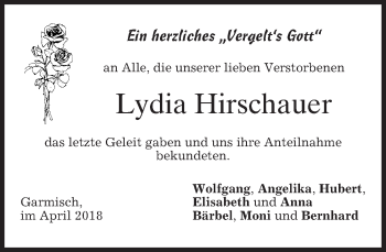 Todesanzeige von Lydia Hirschauer von merkurtz