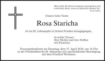 Todesanzeige von Rosa Staricha von merkurtz