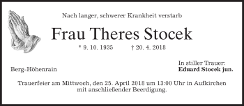 Todesanzeige von Theres Stocek von merkurtz