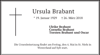 Todesanzeige von Ursula Brabant von merkurtz