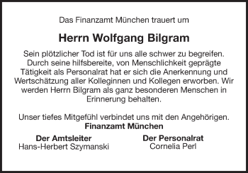 Todesanzeige von Wolfgang Bilgram von merkurtz