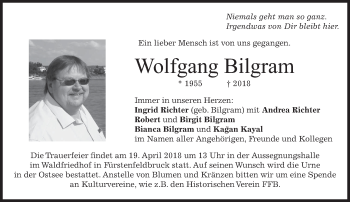 Todesanzeige von Wolfgang Bilgram von merkurtz