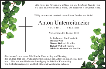 Todesanzeige von Anton Unterreitmeier von merkurtz
