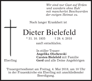 Todesanzeige von Dieter Bielefeld von merkurtz