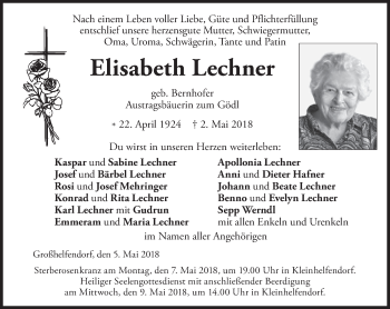 Todesanzeige von Elisabeth Lechner von merkurtz