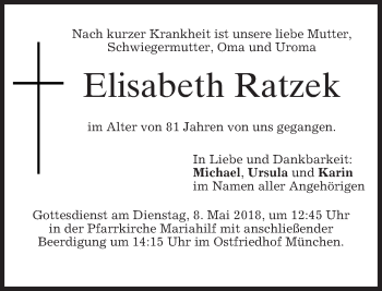 Todesanzeige von Elisabeth Ratzek von merkurtz