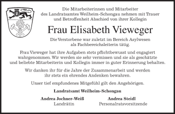 Todesanzeige von Elisabeth Vieweger von merkurtz
