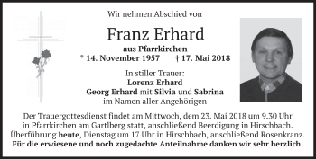 Todesanzeige von Franz Erhard von merkurtz